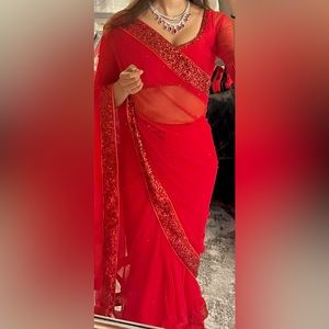Ready to wear, pre-pleated Red Saree